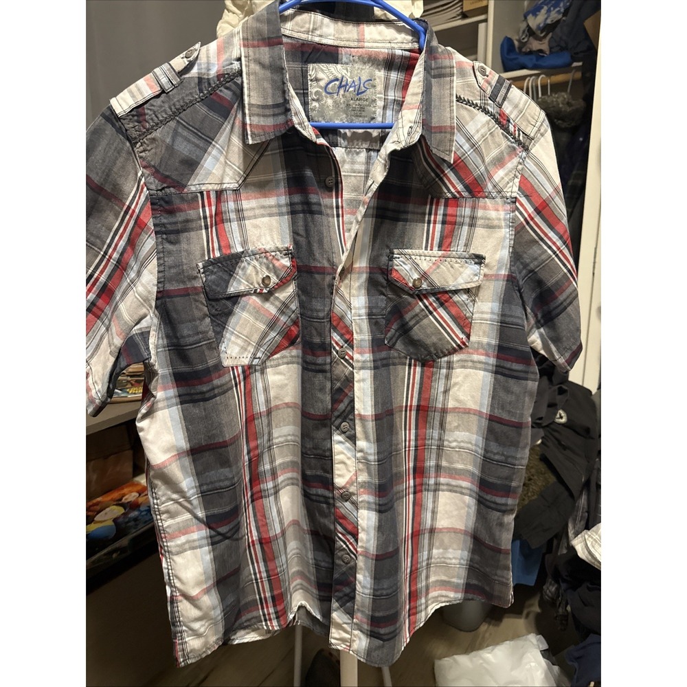 Chalc Men's Extra Large Shirt Short Sleeve Button Front Red/Blk/Wht Plaid‎